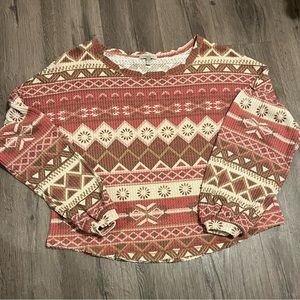 Wonderly Cropped Waffle Knit Sweater • Women’s M • Cream/Brown/Pink Pattern